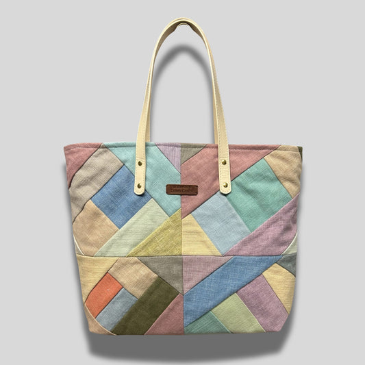 Handmade Tote Bag – Pastel Patchwork with Vegan Leather Handles