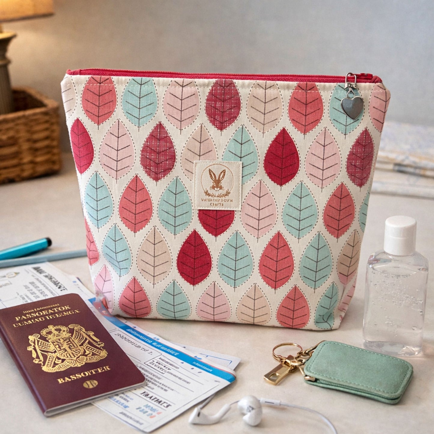 Leaves patterned pouch on a table with passport, tickets, and hand sanitizer