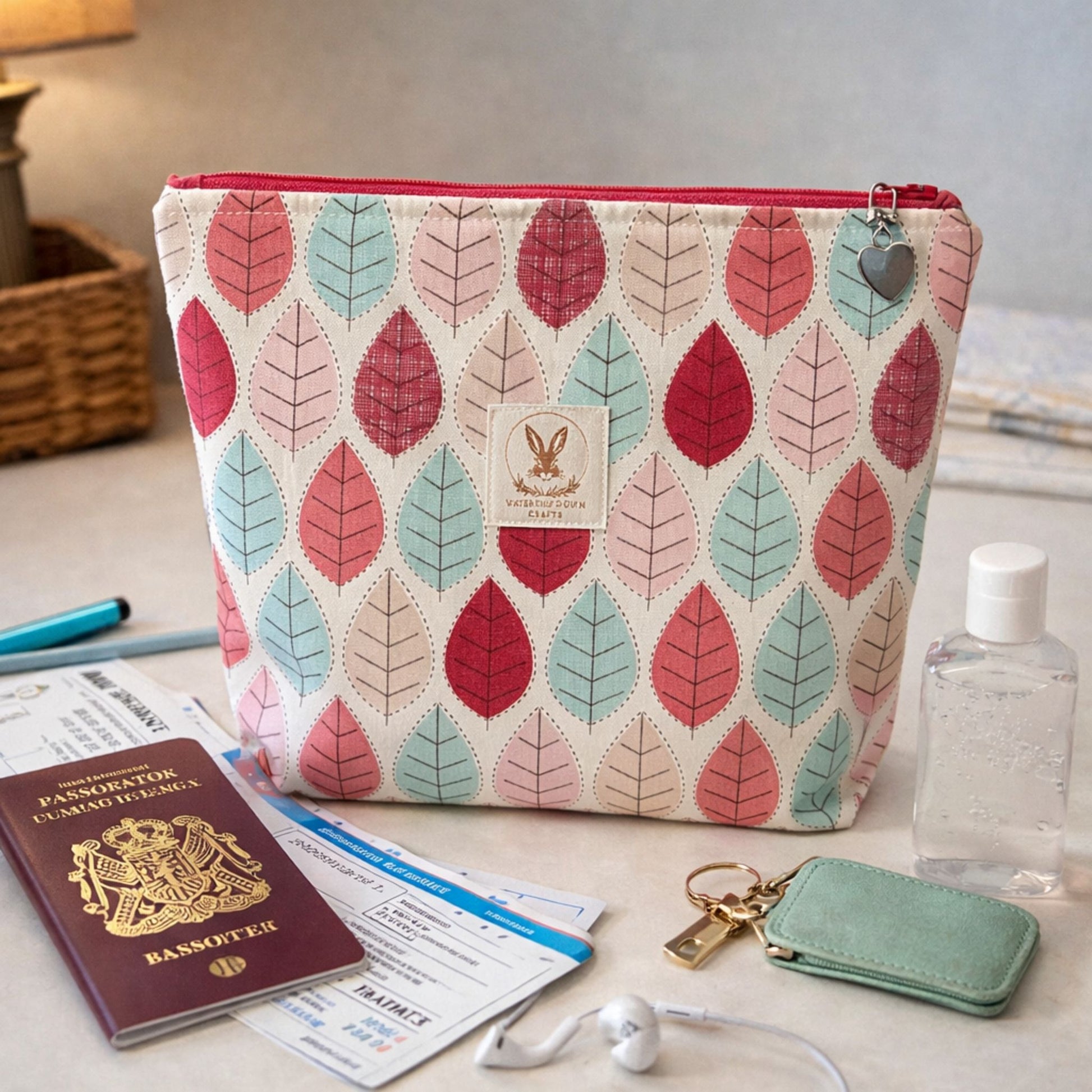 Leaves patterned pouch on a table with passport, tickets, and hand sanitizer