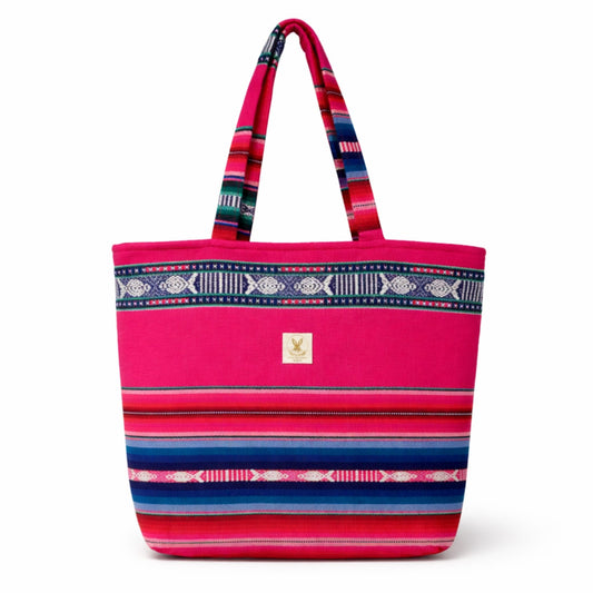 Pink tote bag with blue and red stripes on a white background