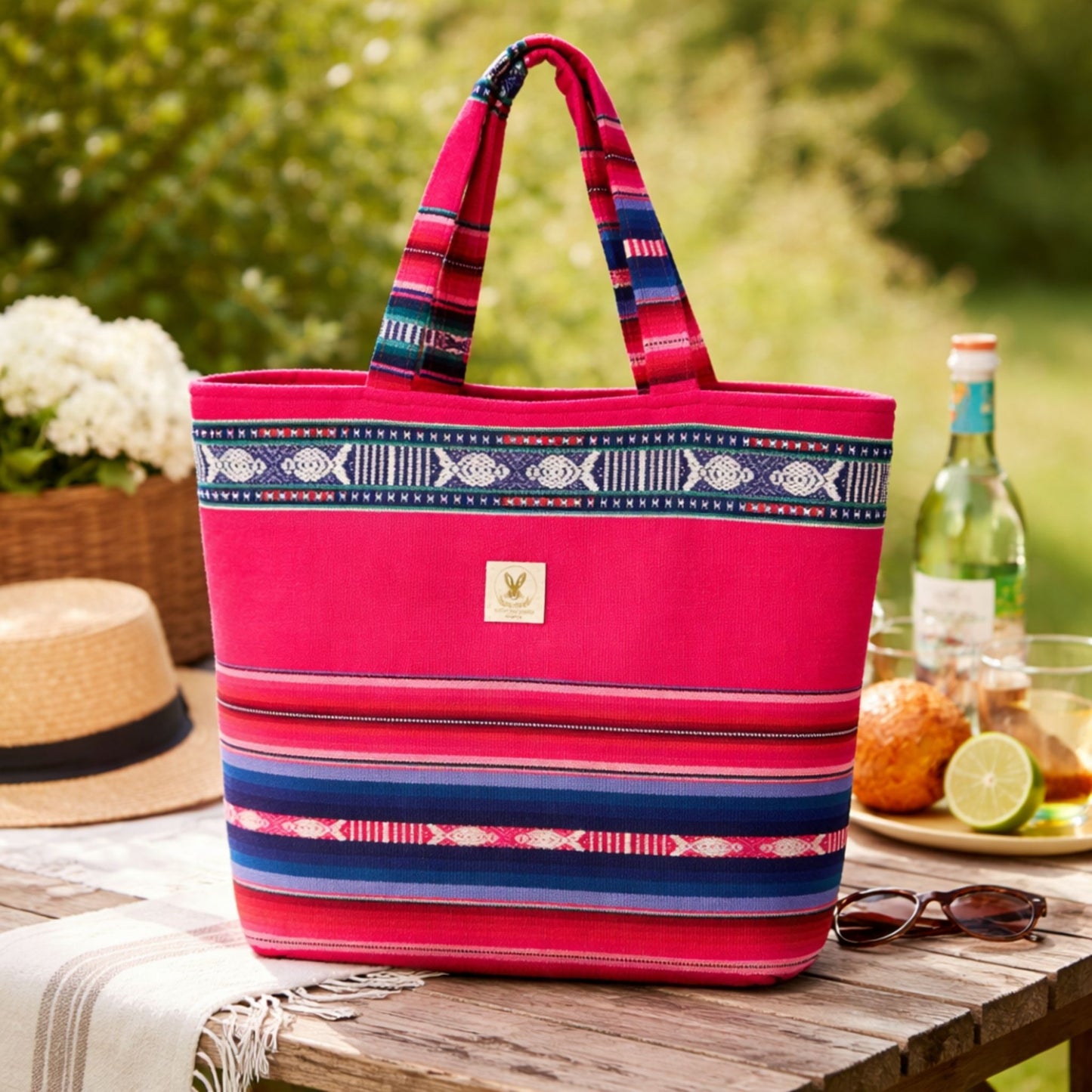 Pink tote bag with blue and red patterns on a wooden table outdoors.