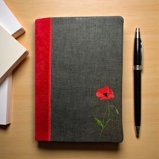 Embroidered Poppy A5 Notebook Cover – One of a Kind with Hardback Ruled Notebook