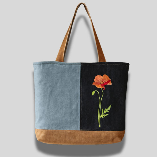 Handmade Tote Bag – Two Tone Design with Embroidered Poppy and Zip Pocket