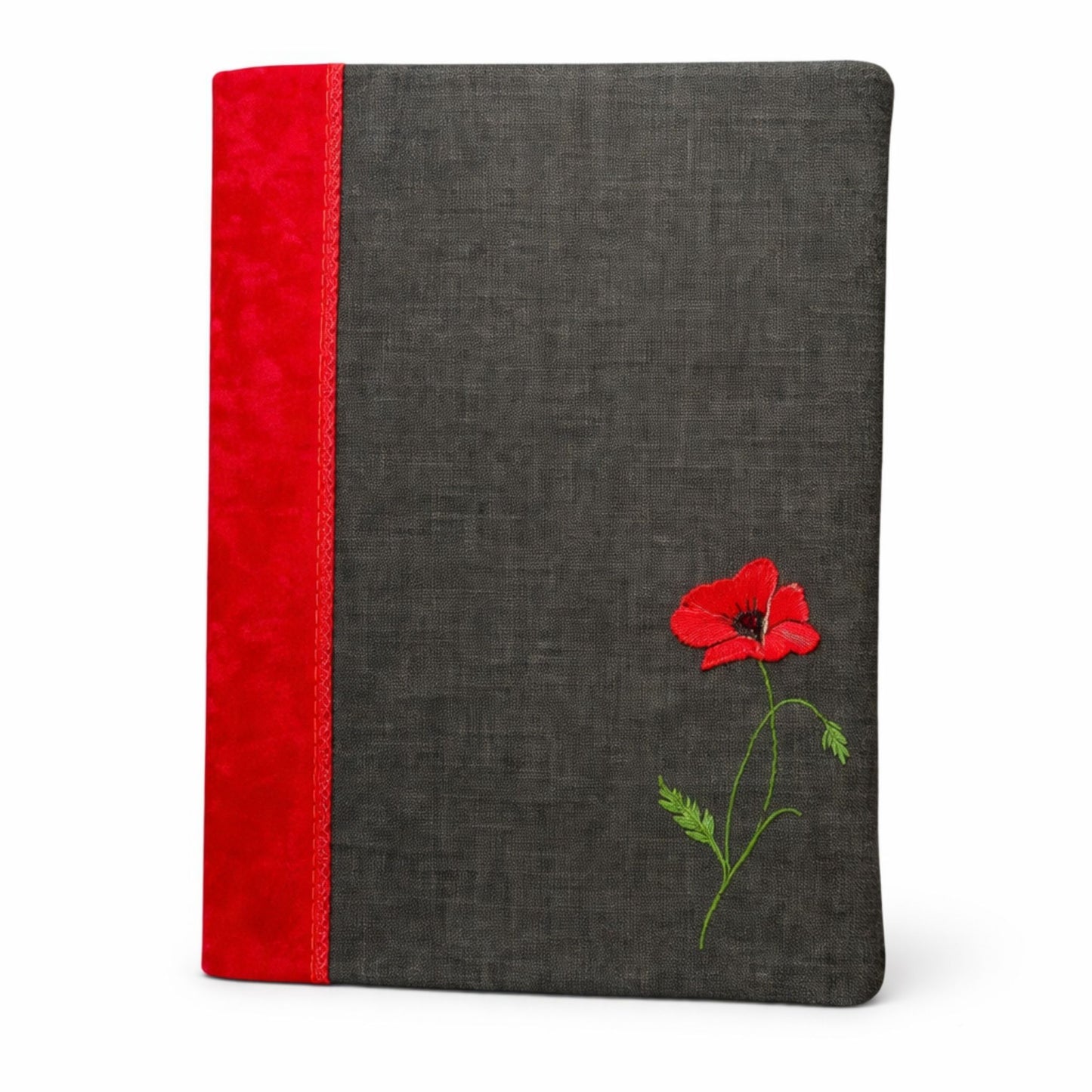 Embroidered Poppy A5 Notebook Cover – One of a Kind with Hardback Ruled Notebook