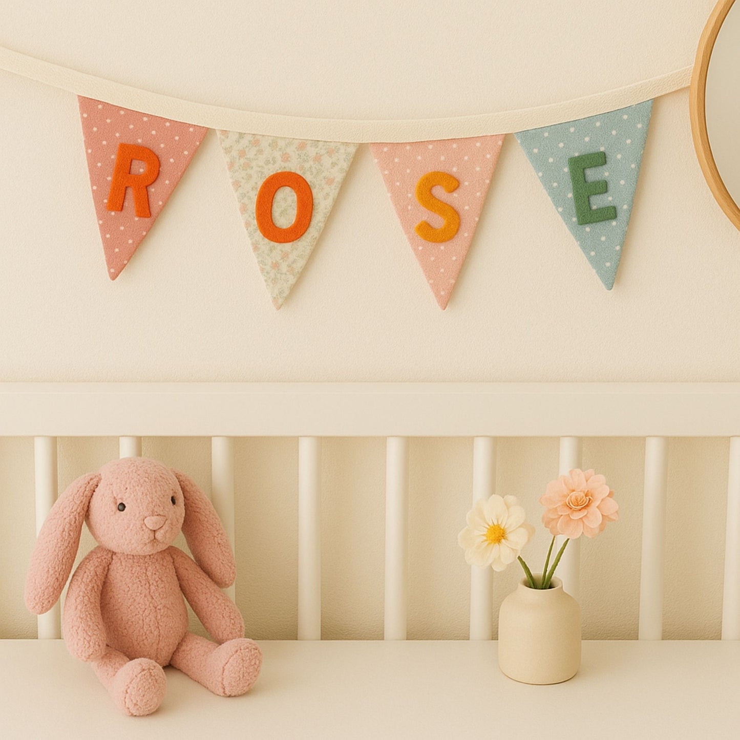 Pink bunny toy and flower vase on a shelf with a 'ROSE' banner above.