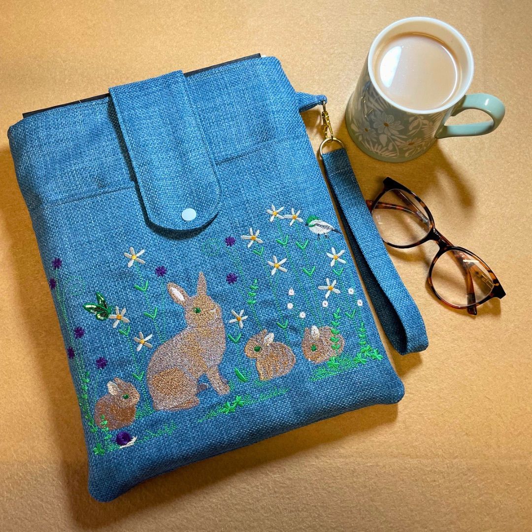 Rabbit Embroidered Tablet and Stationery Case | Sustainable Denim Blue Design