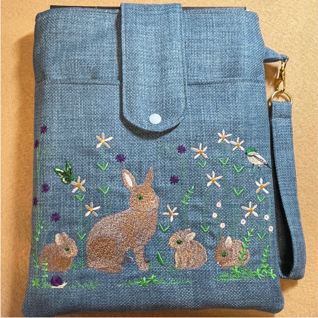 Rabbit Embroidered Tablet and Stationery Case | Sustainable Denim Blue Design