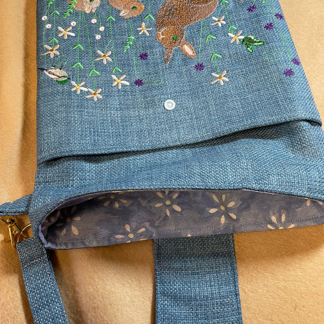 Rabbit Embroidered Tablet and Stationery Case | Sustainable Denim Blue Design