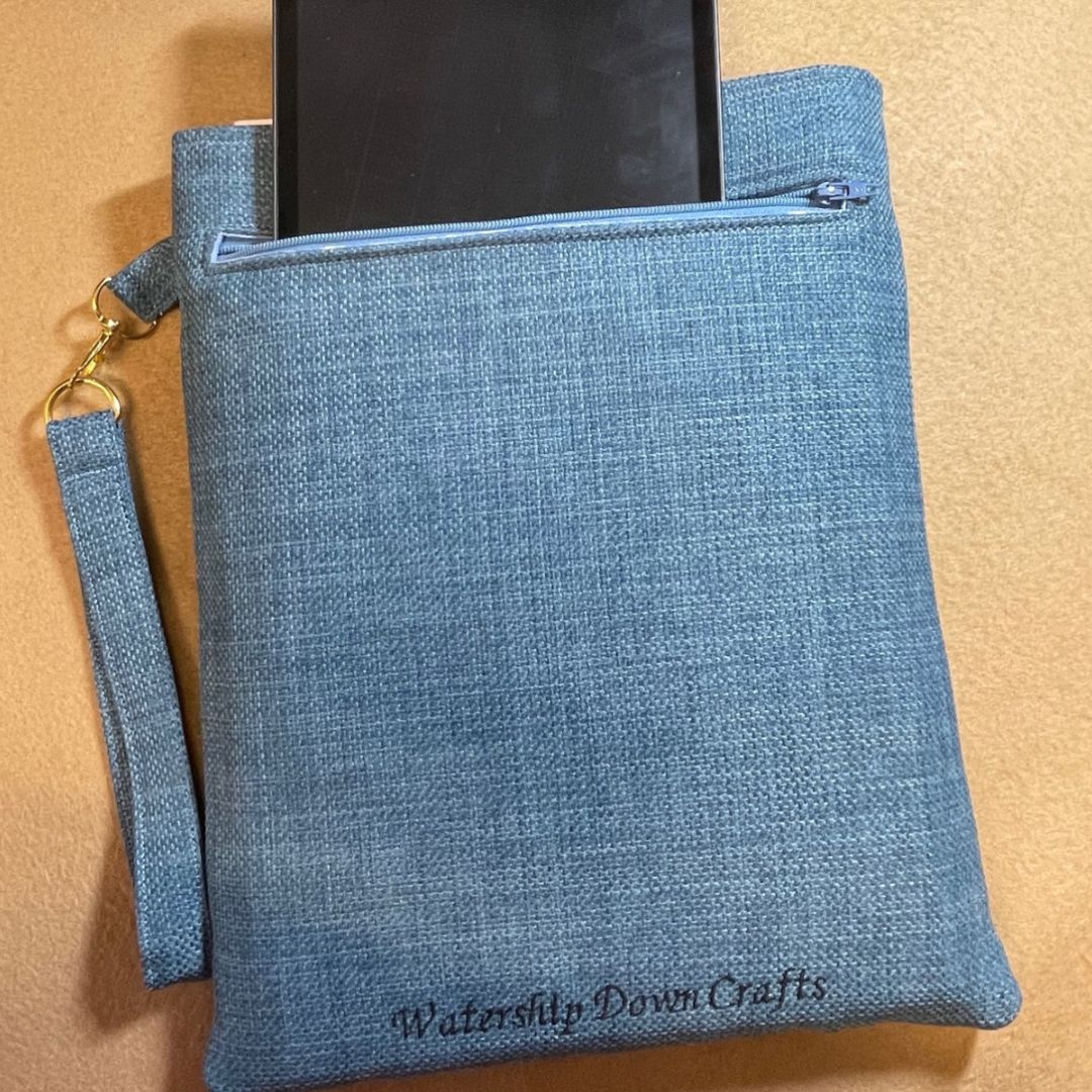 Rabbit Embroidered Tablet and Stationery Case | Sustainable Denim Blue Design