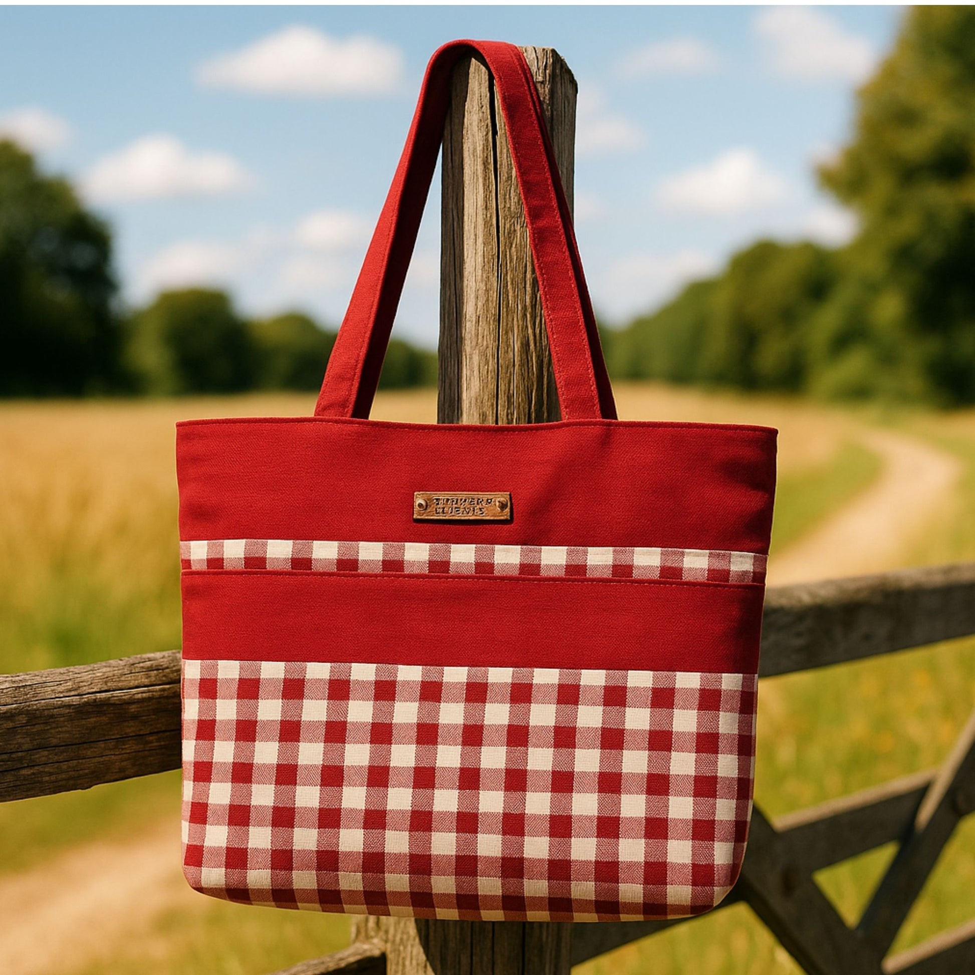 Red and white checkered tote bag hanging on a wooden post with a rural landscape in the background.