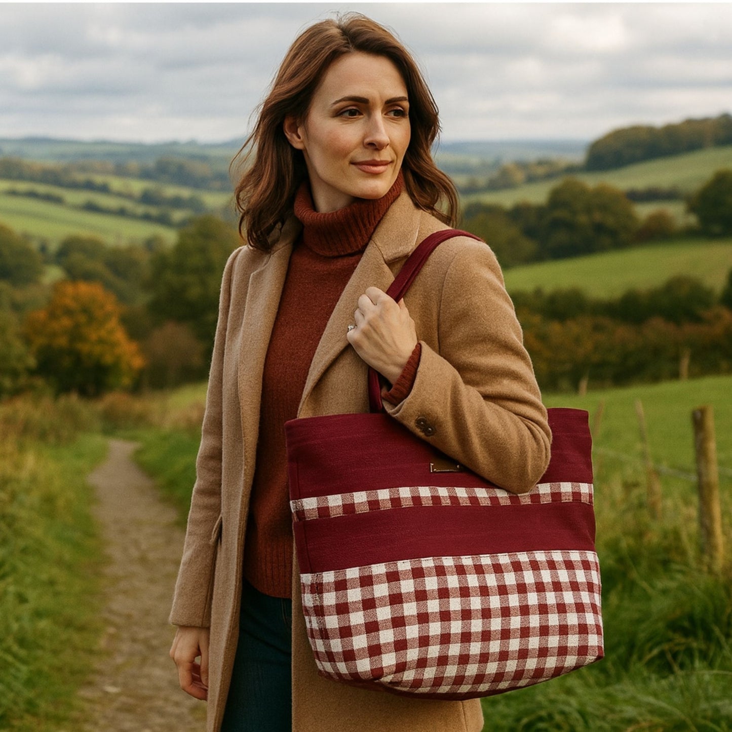 Woman holding a red and white checkered bag in a countryside setting