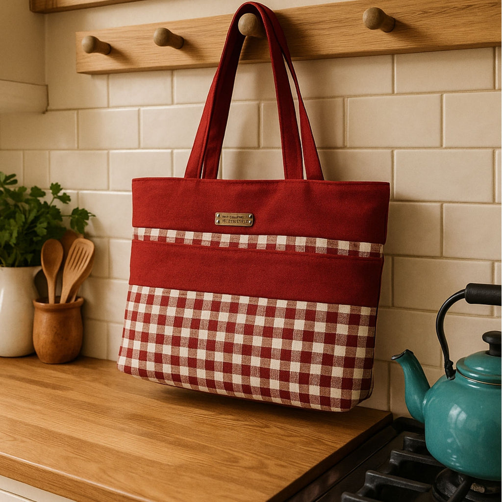 Red and white checkered tote bag hanging on a wooden hook against a tiled wall.