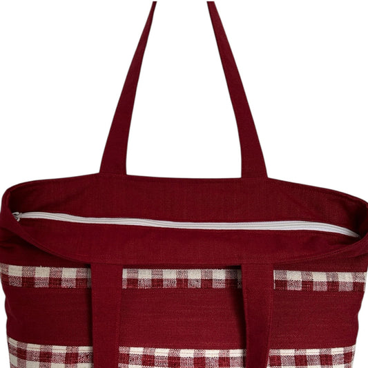Red tote bag with checkered pattern on a white background