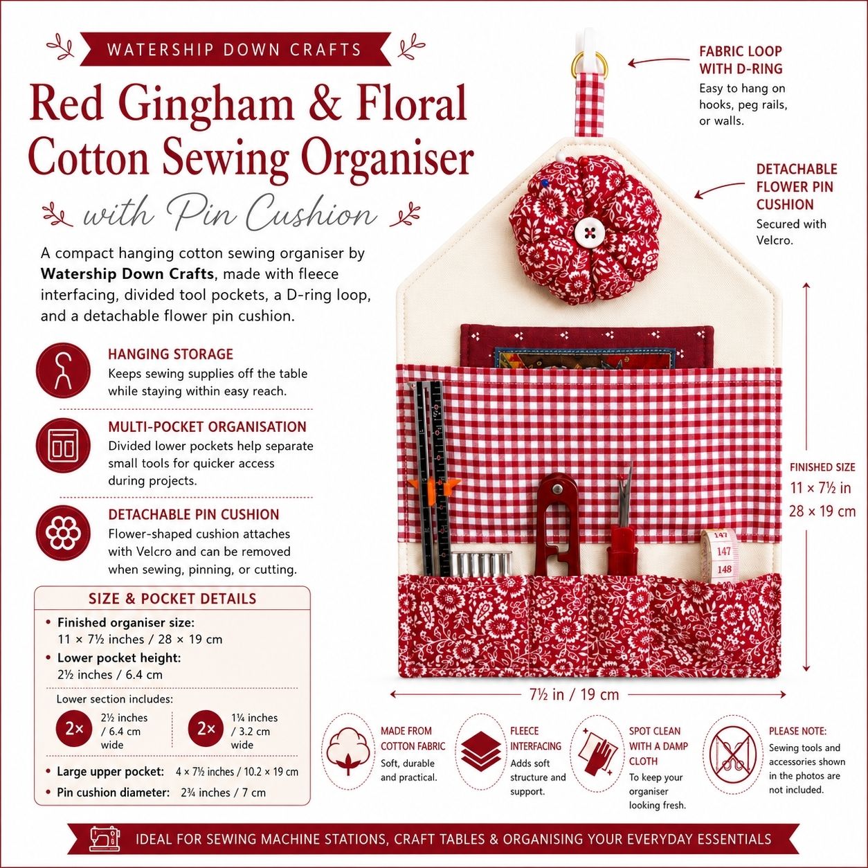 Hanging Sewing Organiser with Detachable Pin Cushion (Multiple Designs)