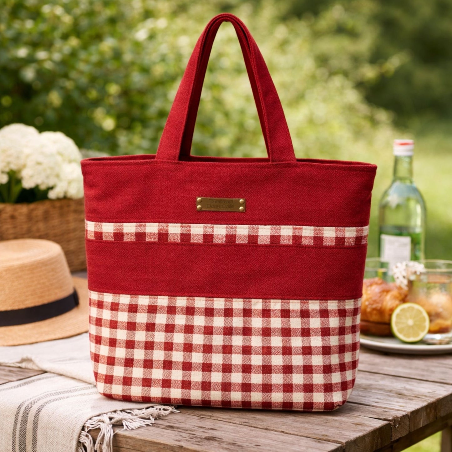 Red and white checkered tote bag on a wooden table with picnic items in the background