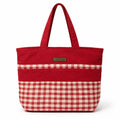 Red tote bag with a checkered pattern on a white background
