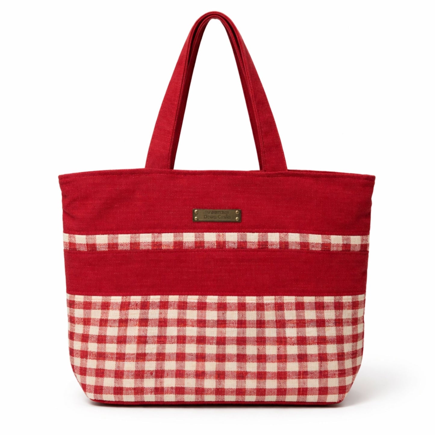 Red tote bag with a checkered pattern on a white background