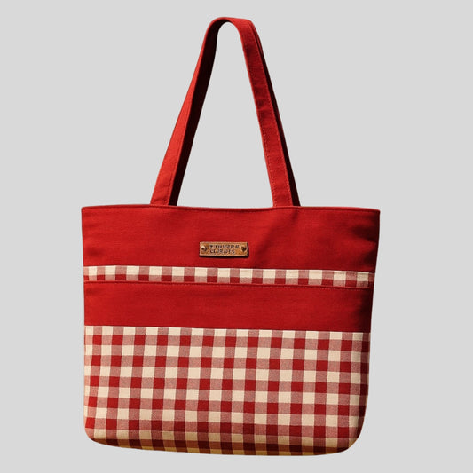Handmade Tote Bag with Zip Top – Red Gingham, One-of-a-Kind Everyday Bag