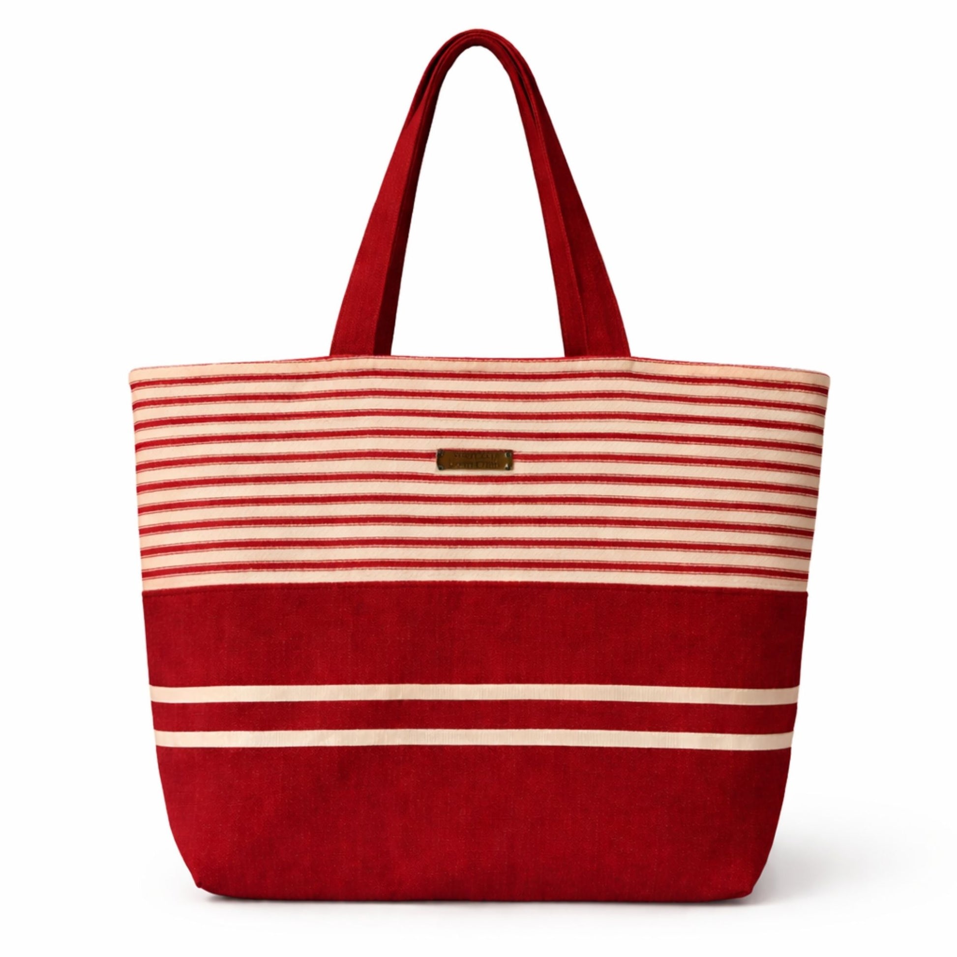 Red and white striped tote bag on a white background