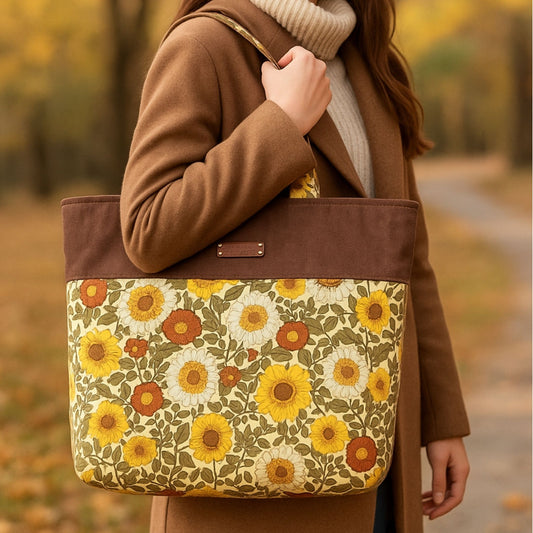 Person holding a brown bag with sunflower pattern in an autumn setting