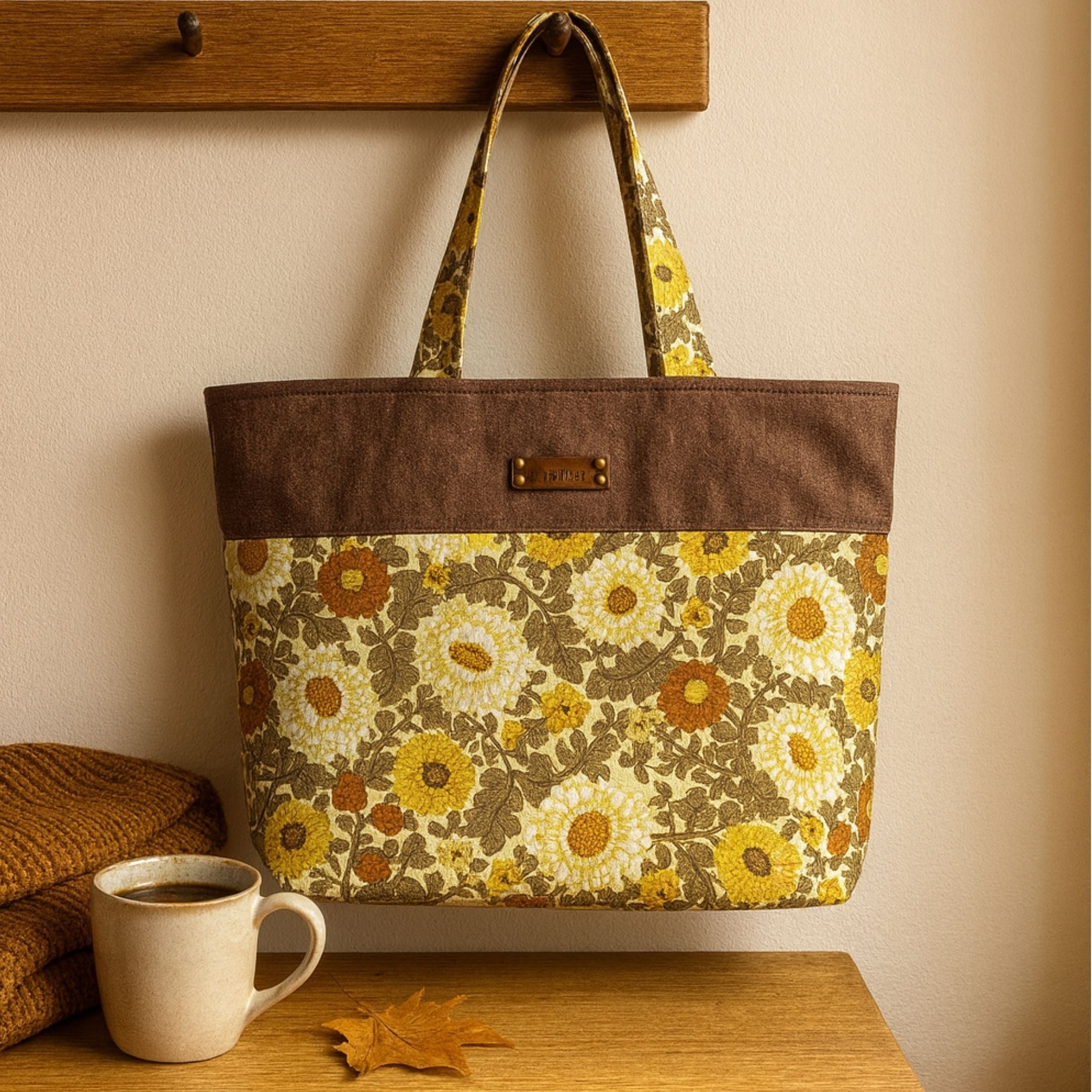 Floral-patterned tote bag with brown top section on a wooden surface next to a mug and blanket.