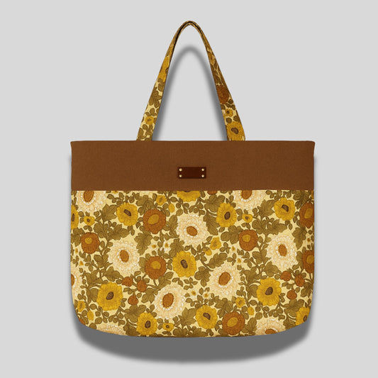 Tote Bag with Zip Top – Retro Floral Shoulder Bag Made from Repurposed Fabrics