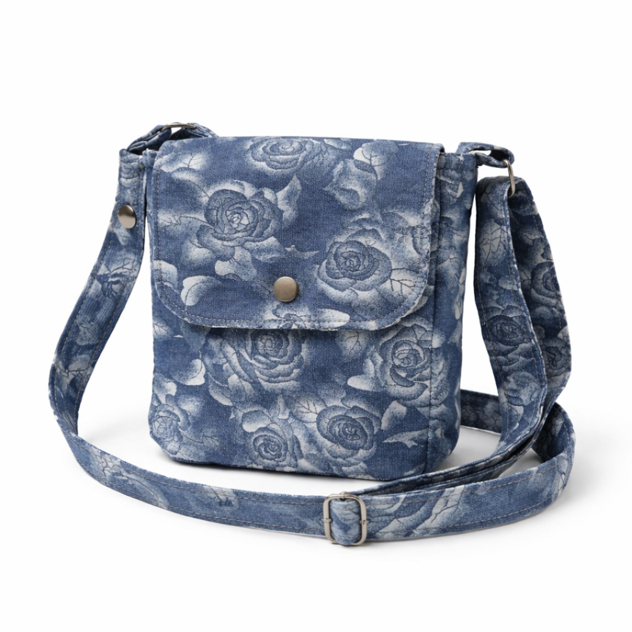 Rose Print Denim Crossbody Bag