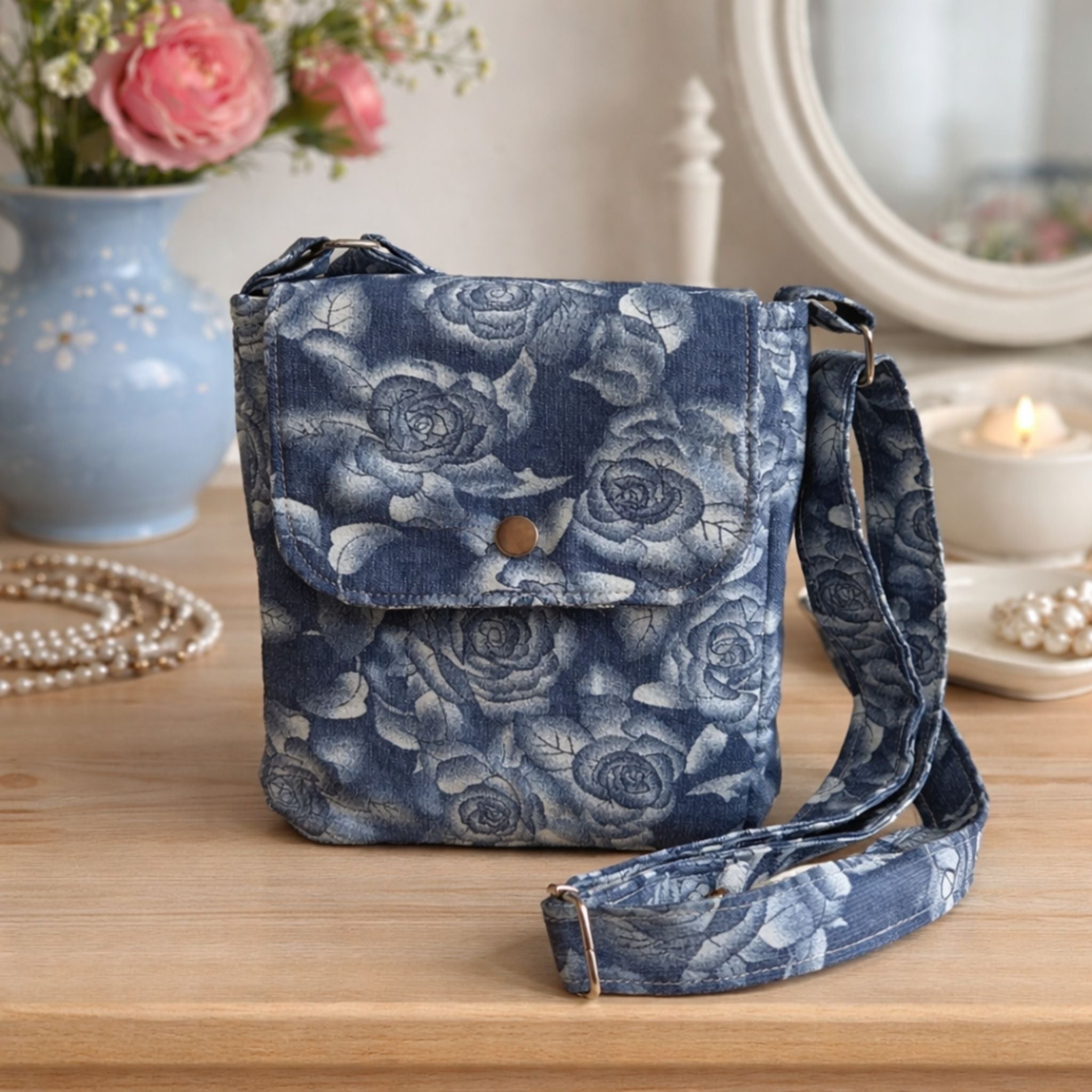 Rose Print Denim Crossbody Bag