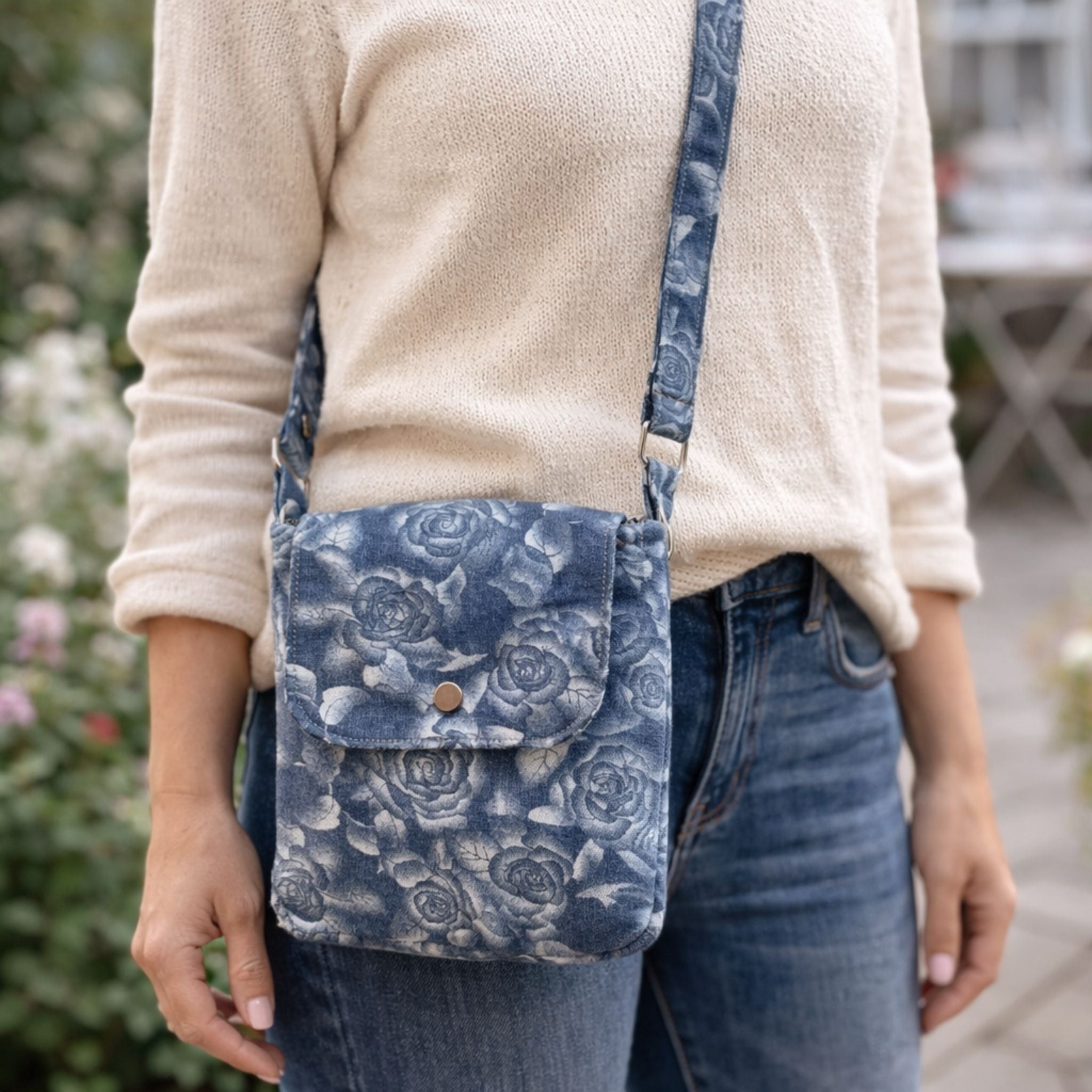 Rose Print Denim Crossbody Bag