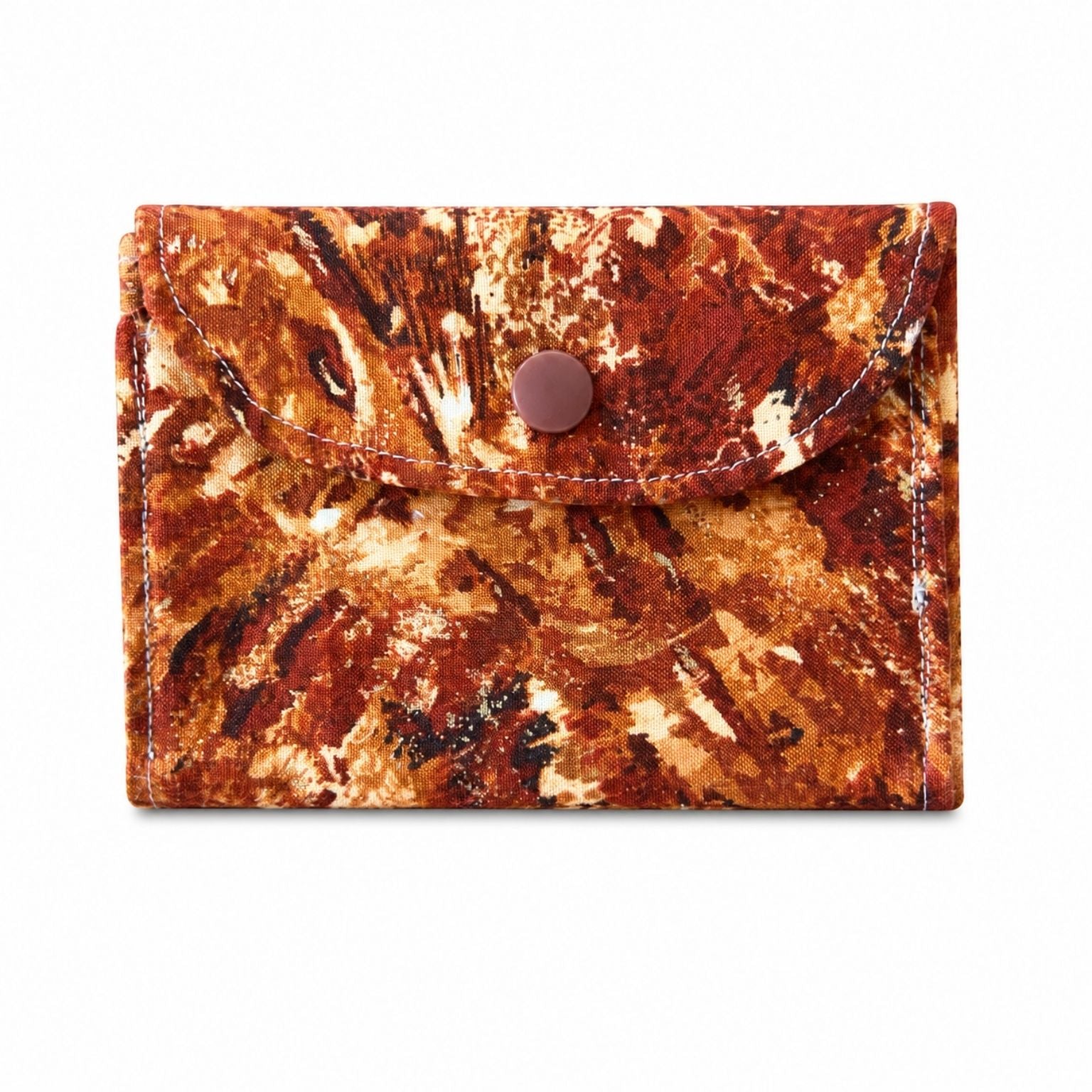 Rust Abstract Cotton Card Wallet with a button on a white background