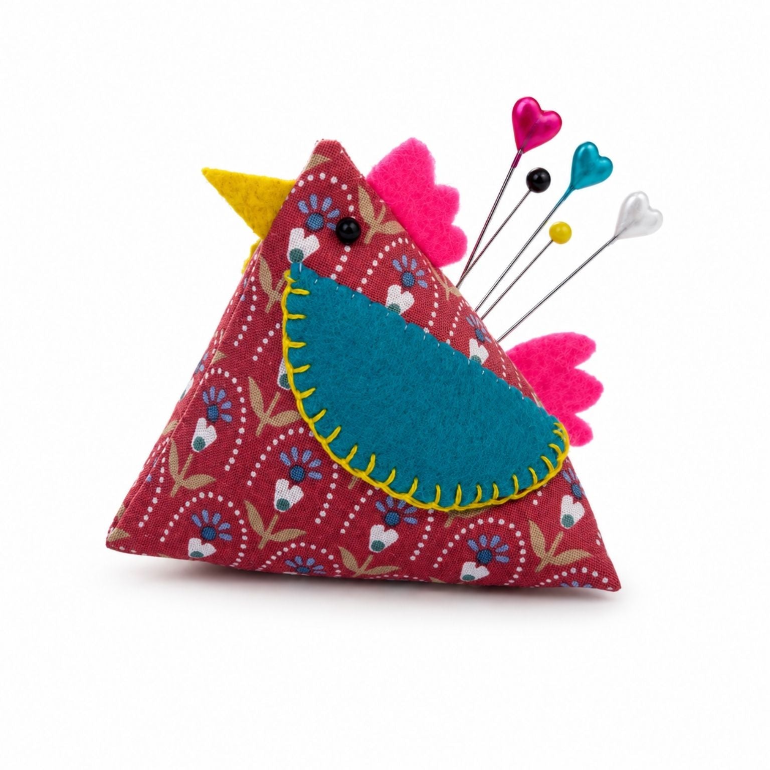 Rust Floral Chicken Pincushion on a white background
