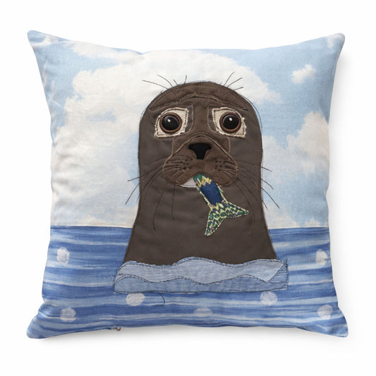 Handmade Coastal Seal Appliqué Cushion – Nautical Canvas Pillow with Zip Closure