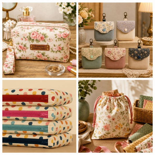 A 2x2 collage showing floral and polka-dot fabric pouches and drawstring bags in a warm, styled home setting. The top-left panel shows a cream floral zip pouch with a wrist strap.