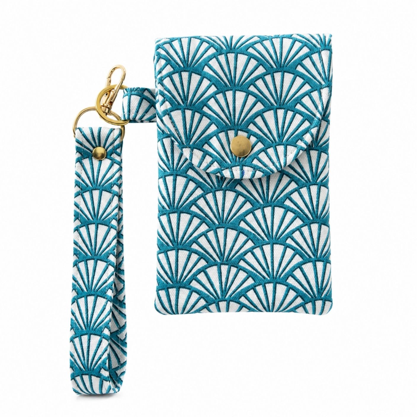 Phone case with blue and white pattern and wrist strap on a white background