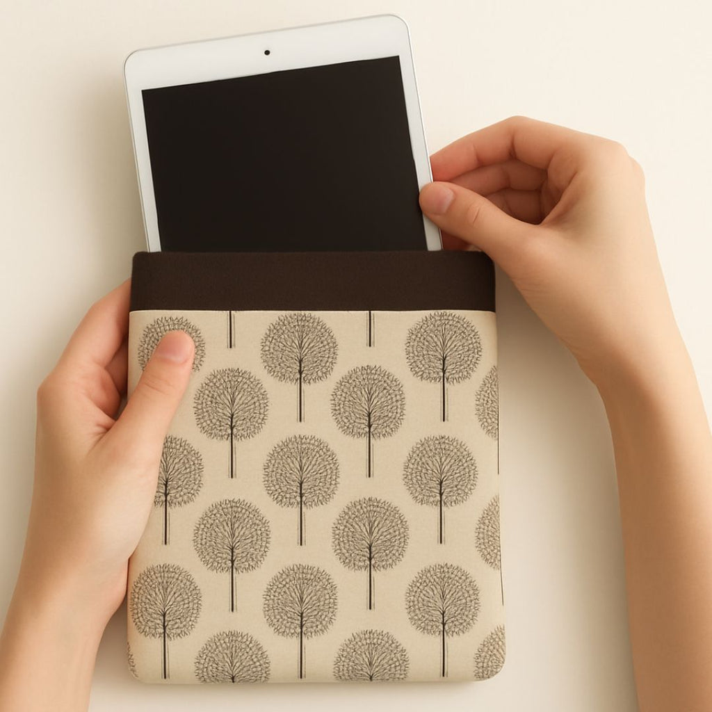Hands placing a tablet into a beige and dark grey tree print fabric case with dark grey trim, made from repurposed fabric