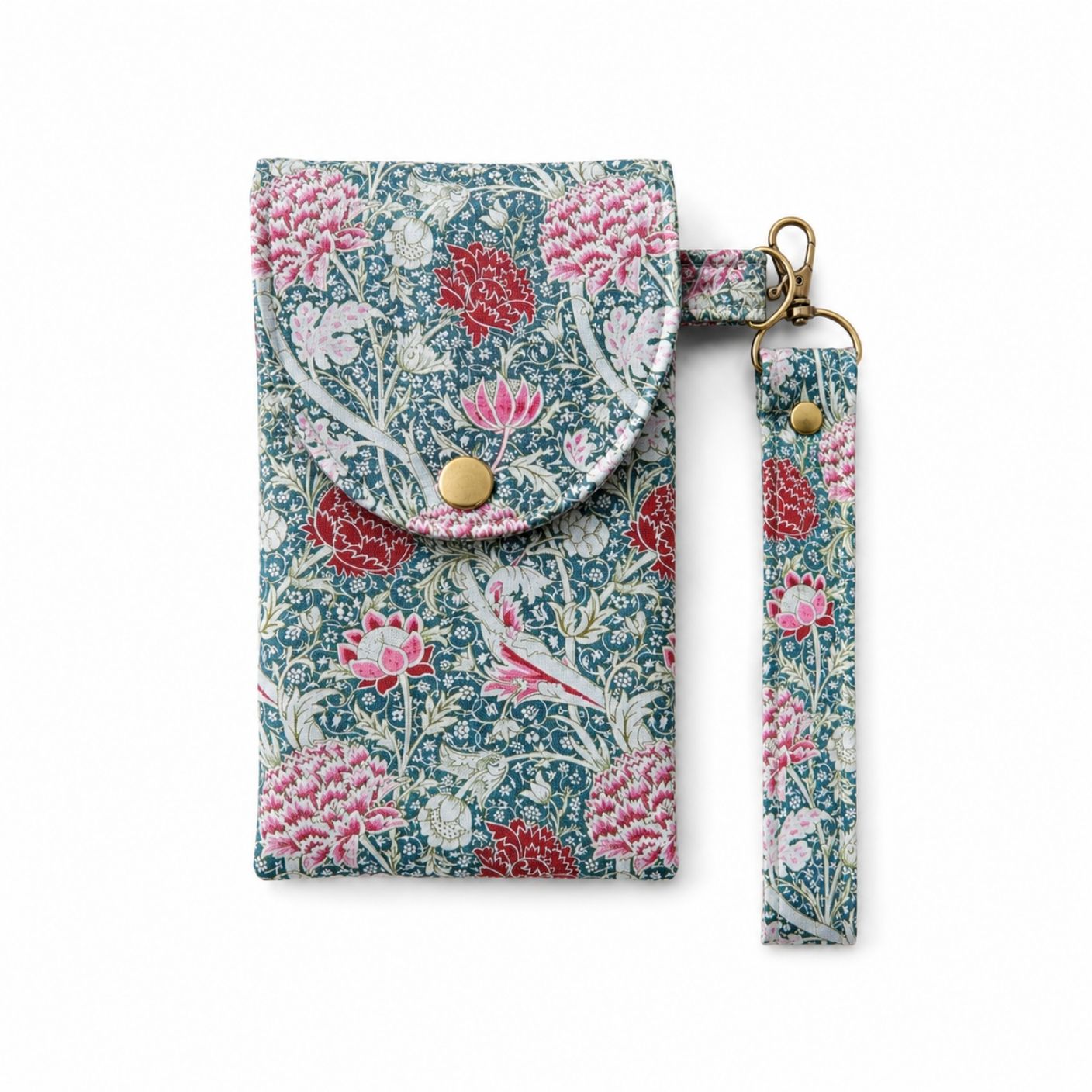 Floral patterned phone pouch with strap on a white background