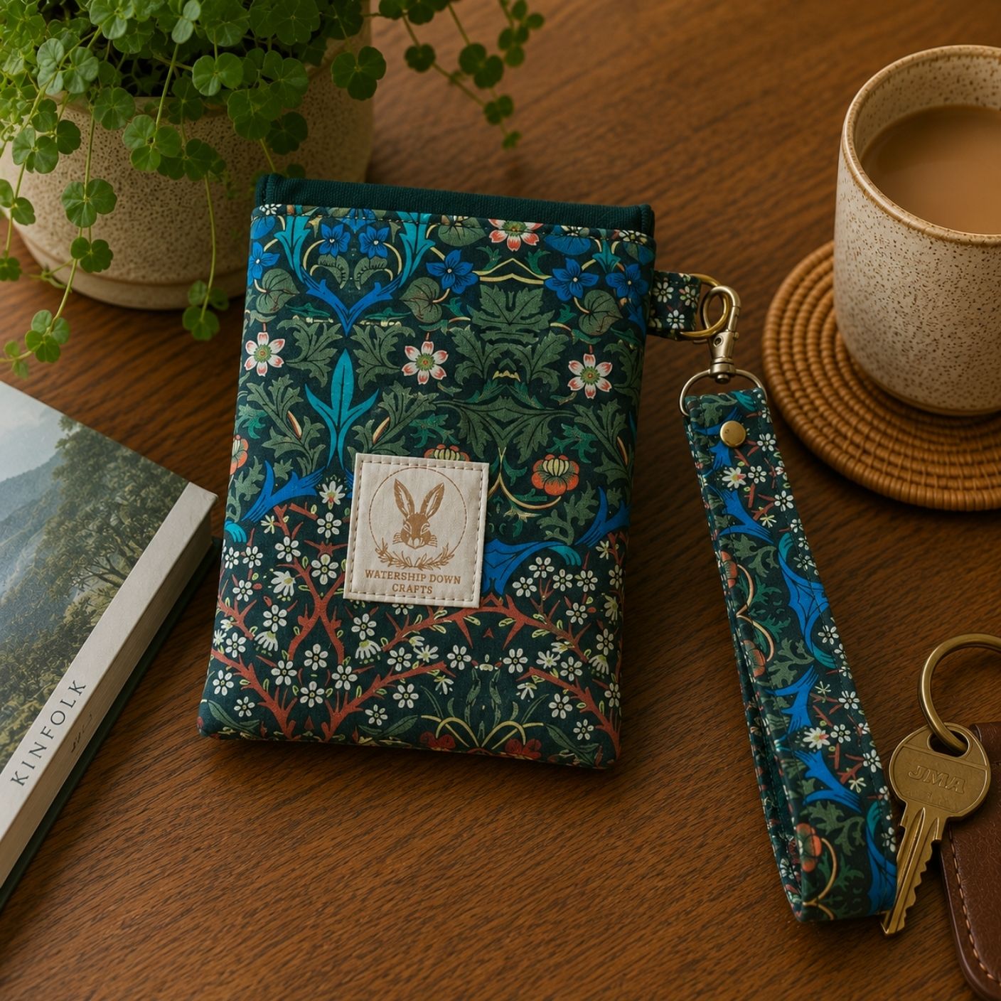 Decorative phone case with floral pattern on a wooden surface with a cup of coffee and plant.