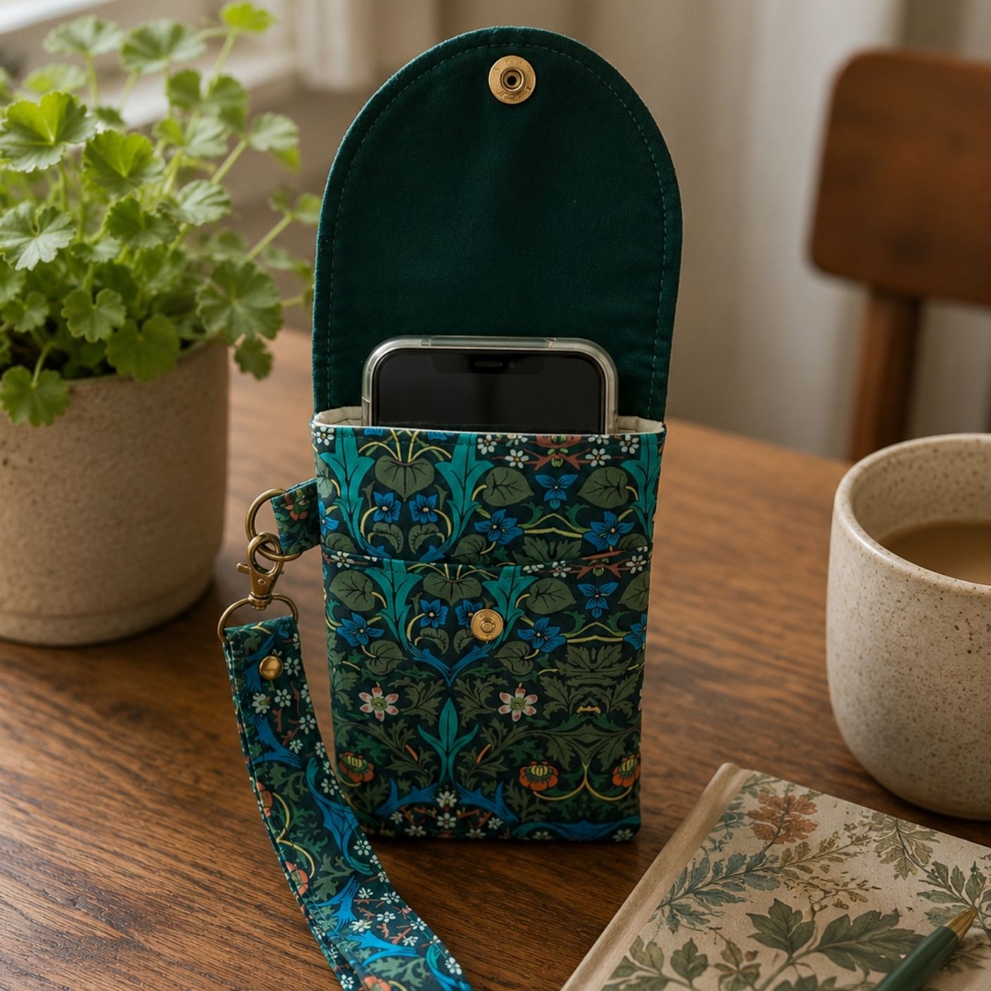 Floral patterned phone case on a wooden table with a plant and cup in the background
