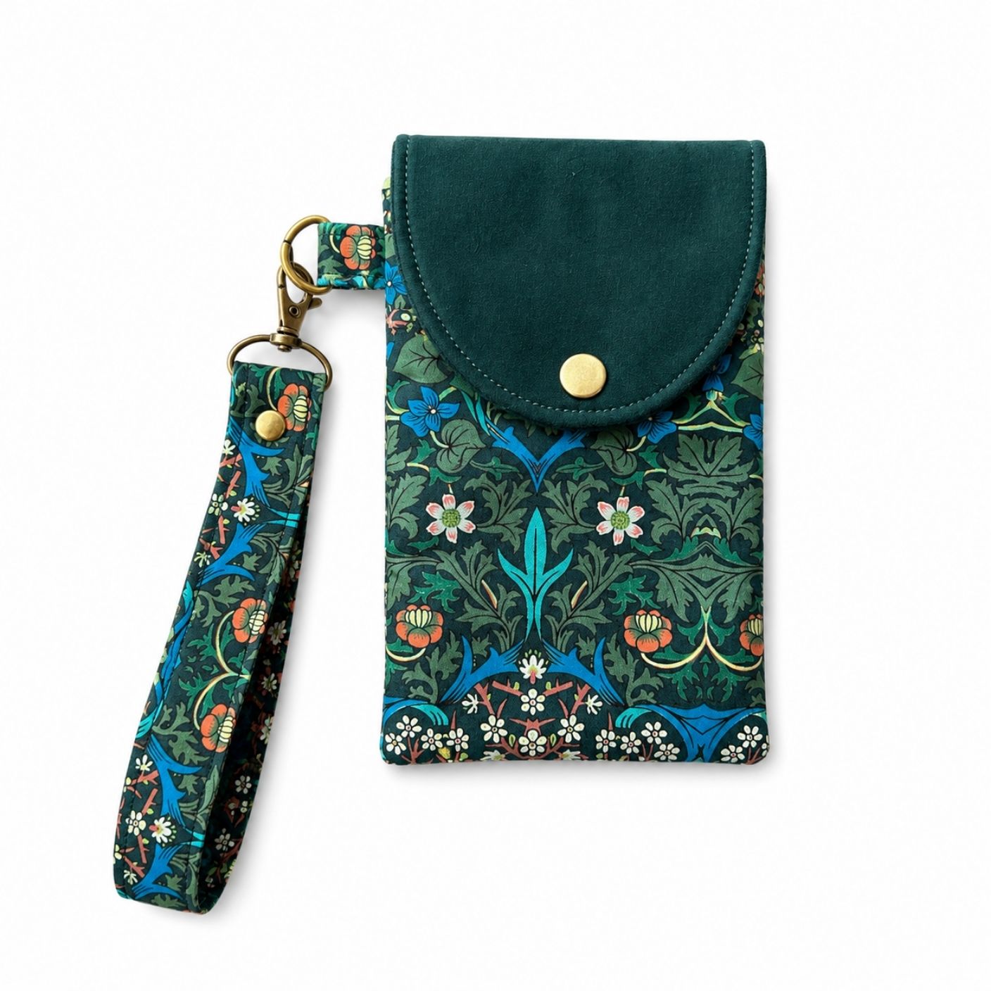 Green phone case with floral pattern and strap on a white background