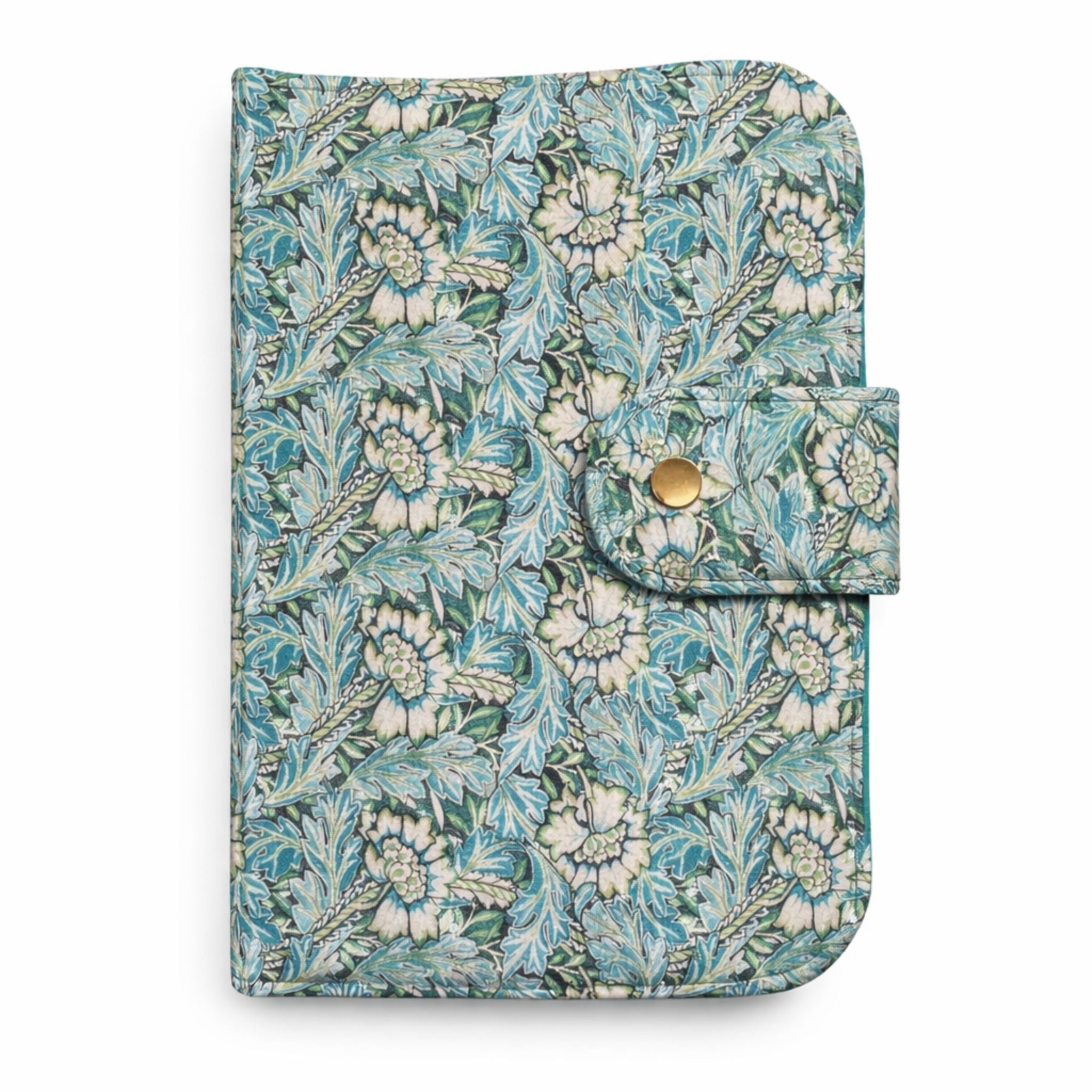 Floral patterned travel wallet  with a  snap fastener on a white background