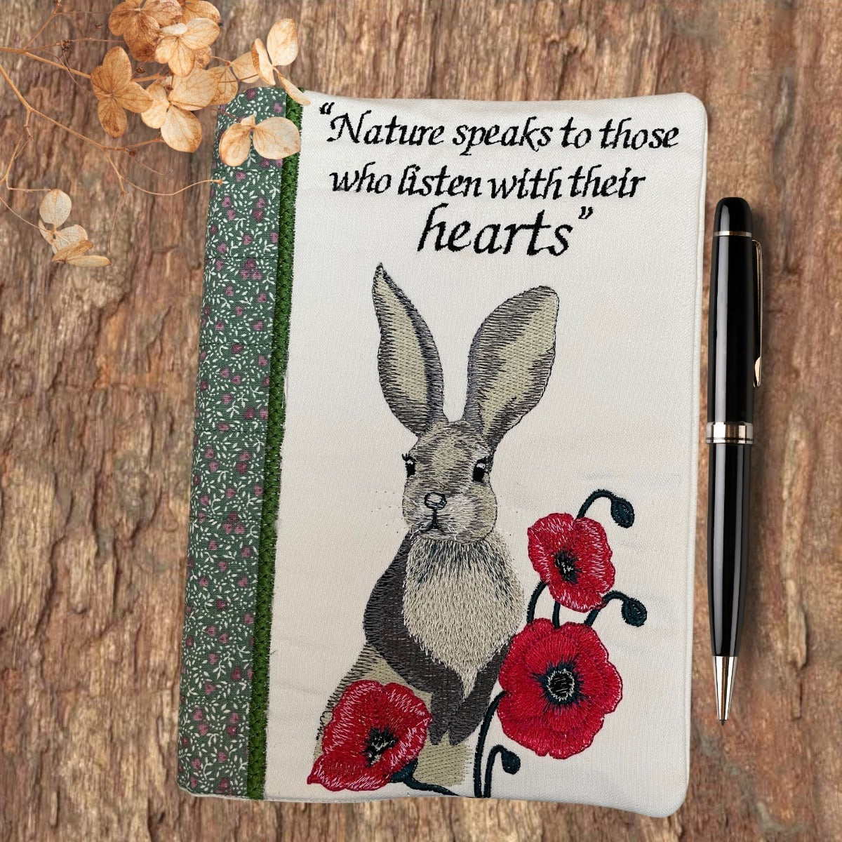 handmade Embroidered Notebook Cover - Rabbit & Poppies