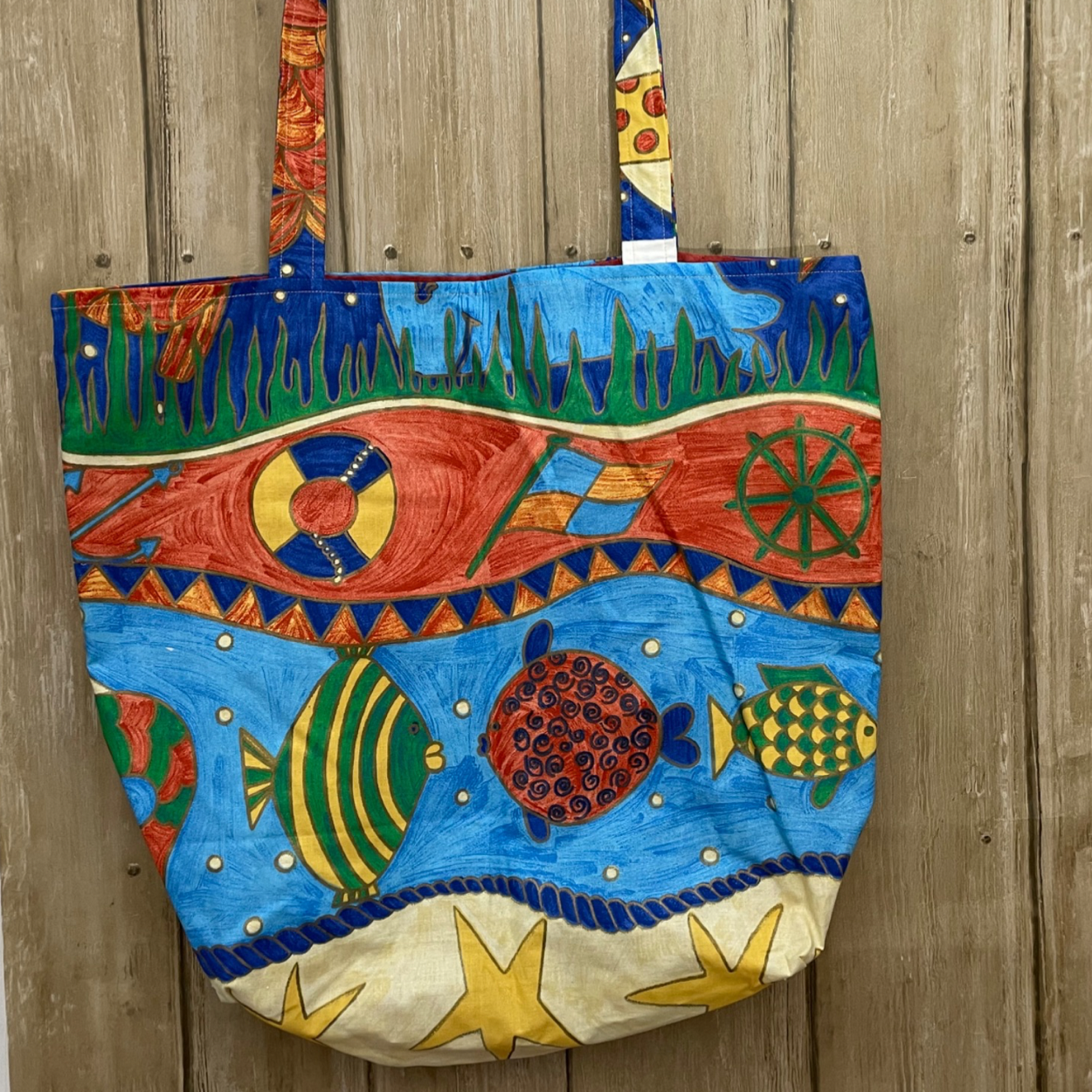 Large Handmade Beach Tote Bag - Fish