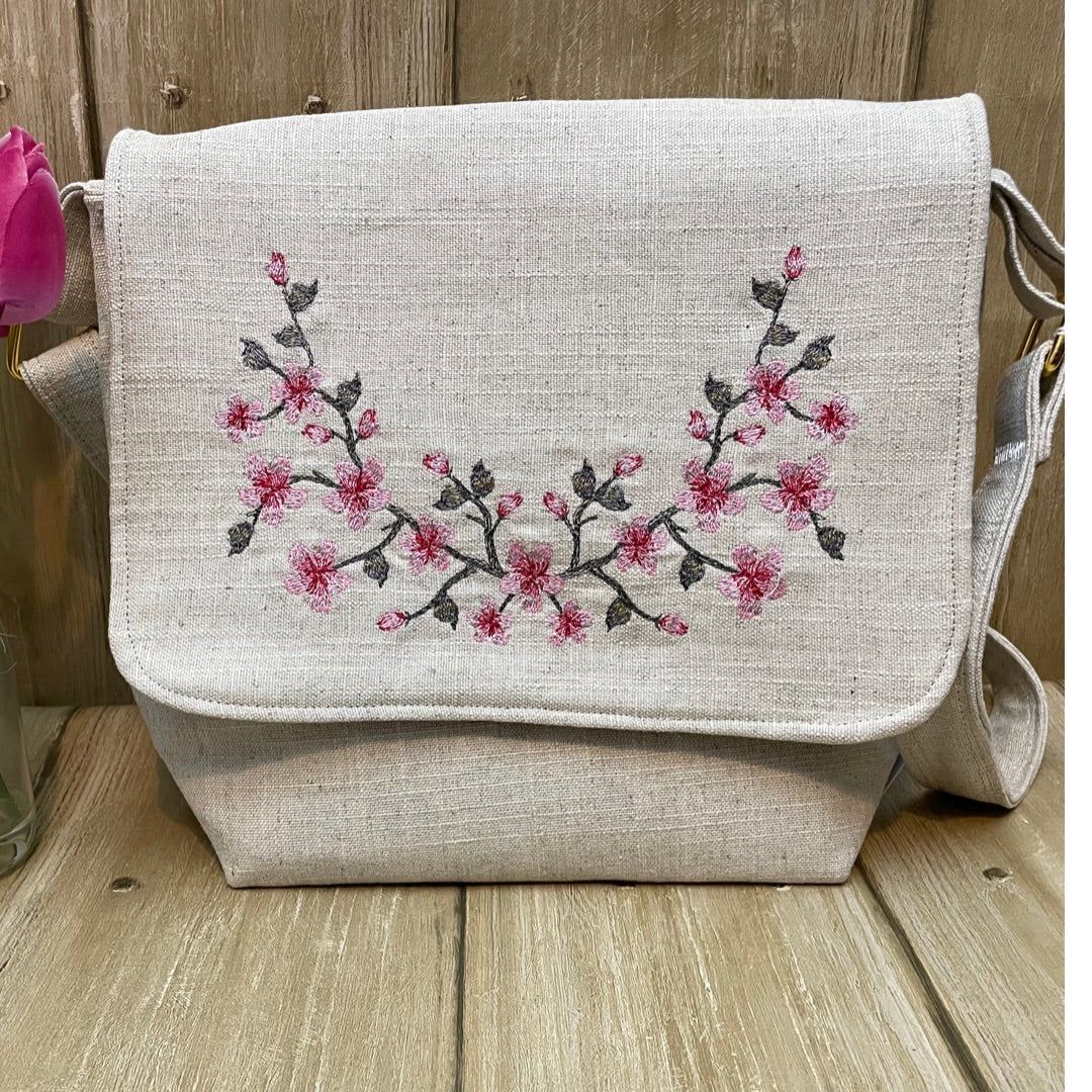 Handmade Cherry Blossom Embroidered Shoulder Bag