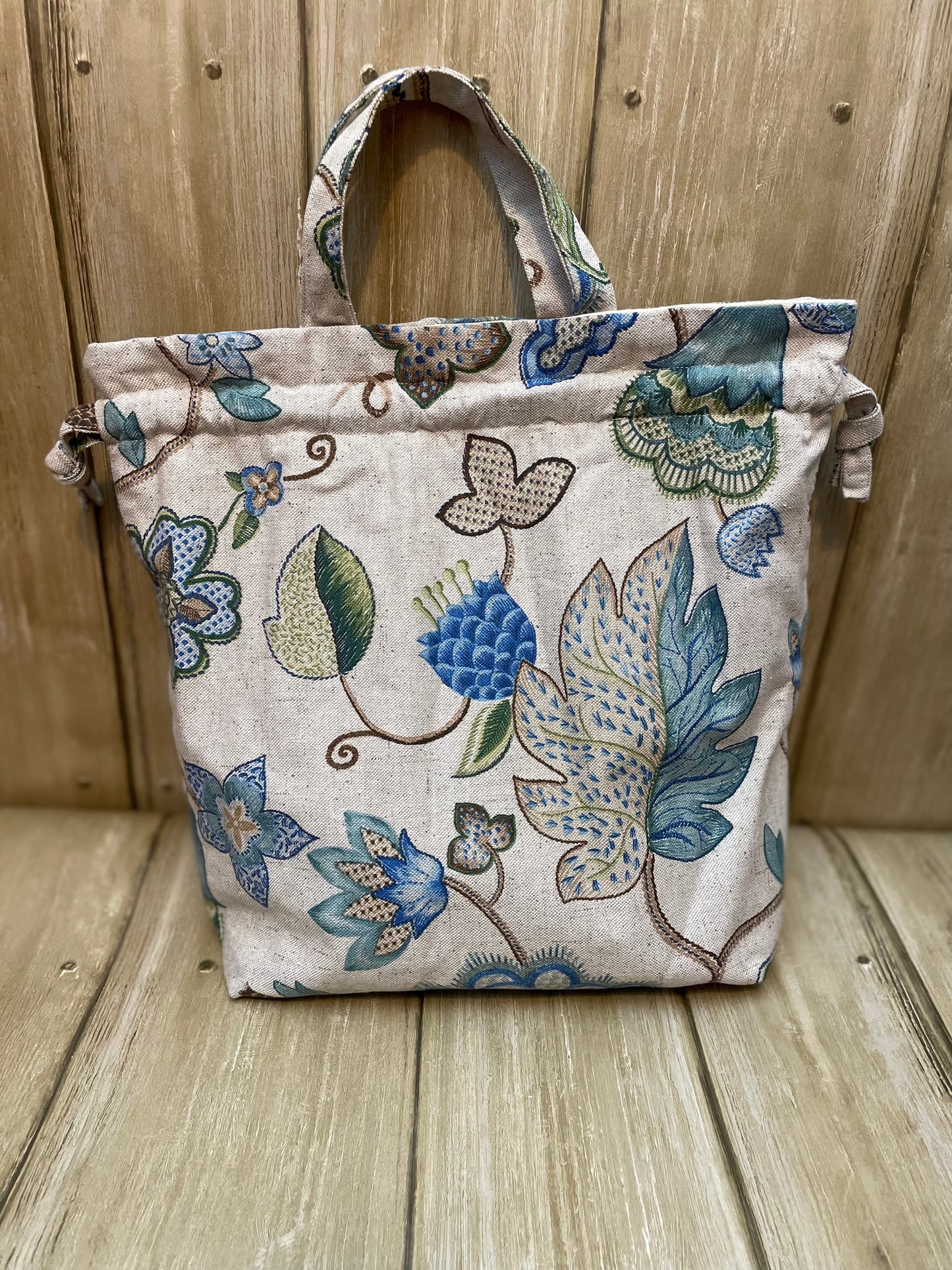 Handmade Crewel Drawstring Tote Bag