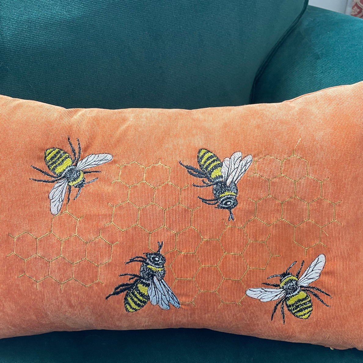 Bee cushion embroidery detail