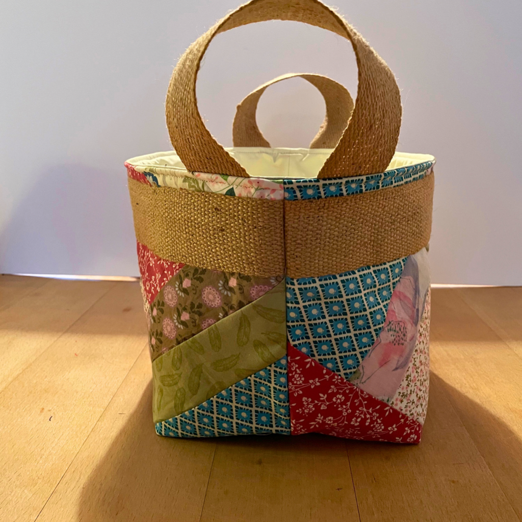 patchwork fabric basket side view