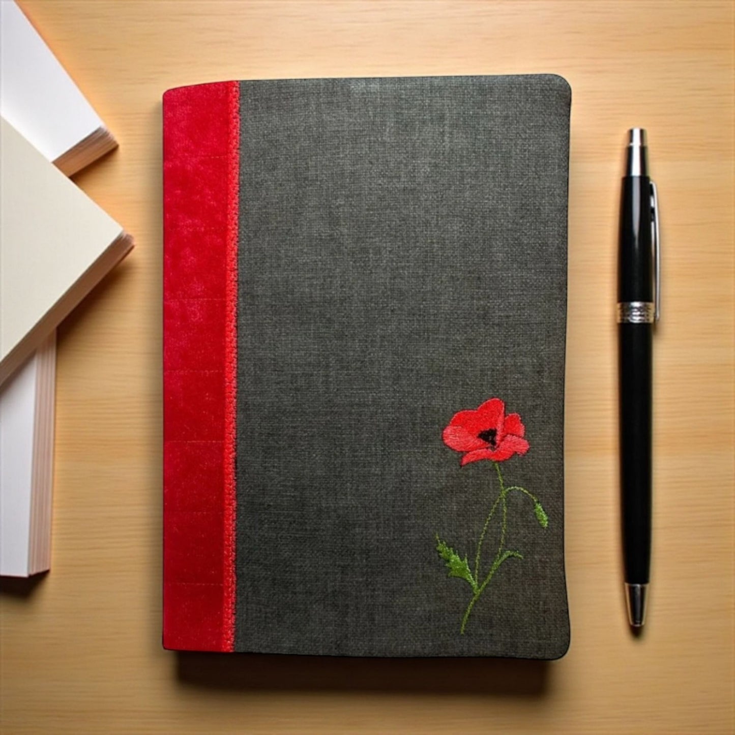 Embroidered Poppy A5 Notebook Cover – One of a Kind with Hardback Ruled Notebook