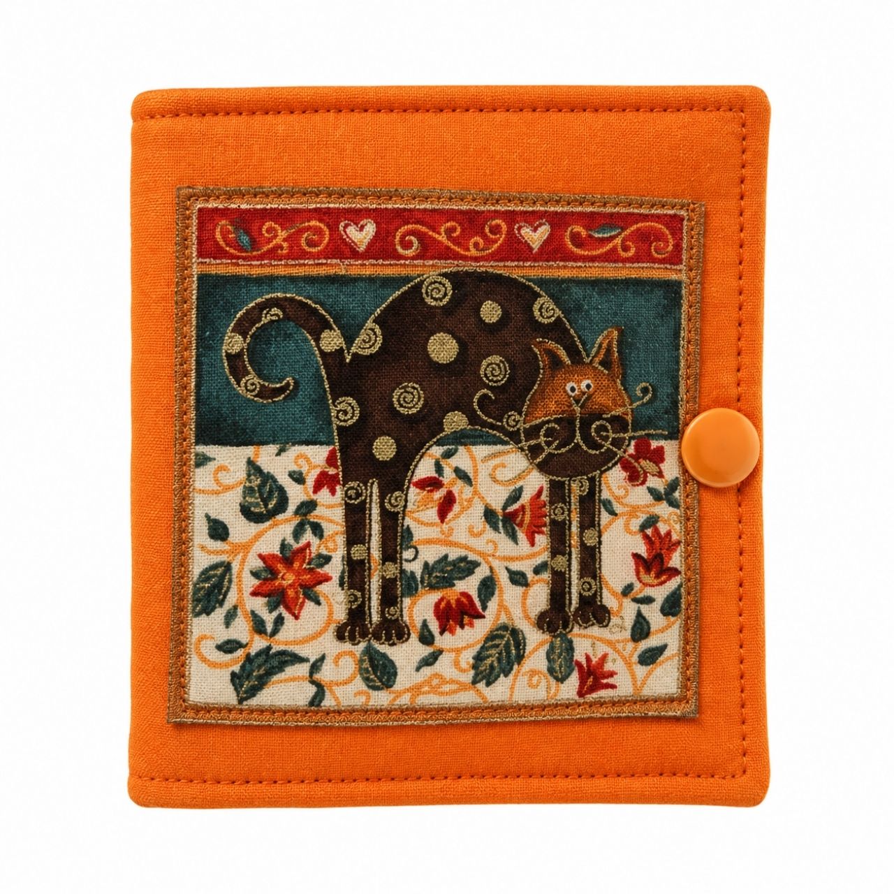 needle case with a cat design on an orange background
