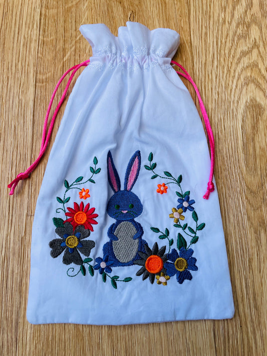 Handmade Embroidered Drawstring Bag - Rabbit & Flowers