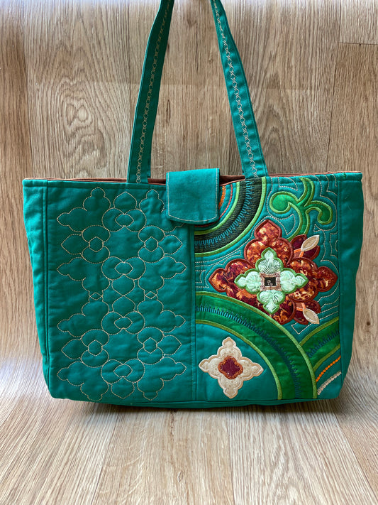 Handmade Green Embroidered Tote Bag